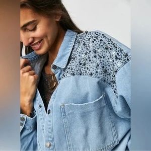 Free People X One Teaspoon Hand Embellished Daria Denim Shirt Sz M MSRP $298